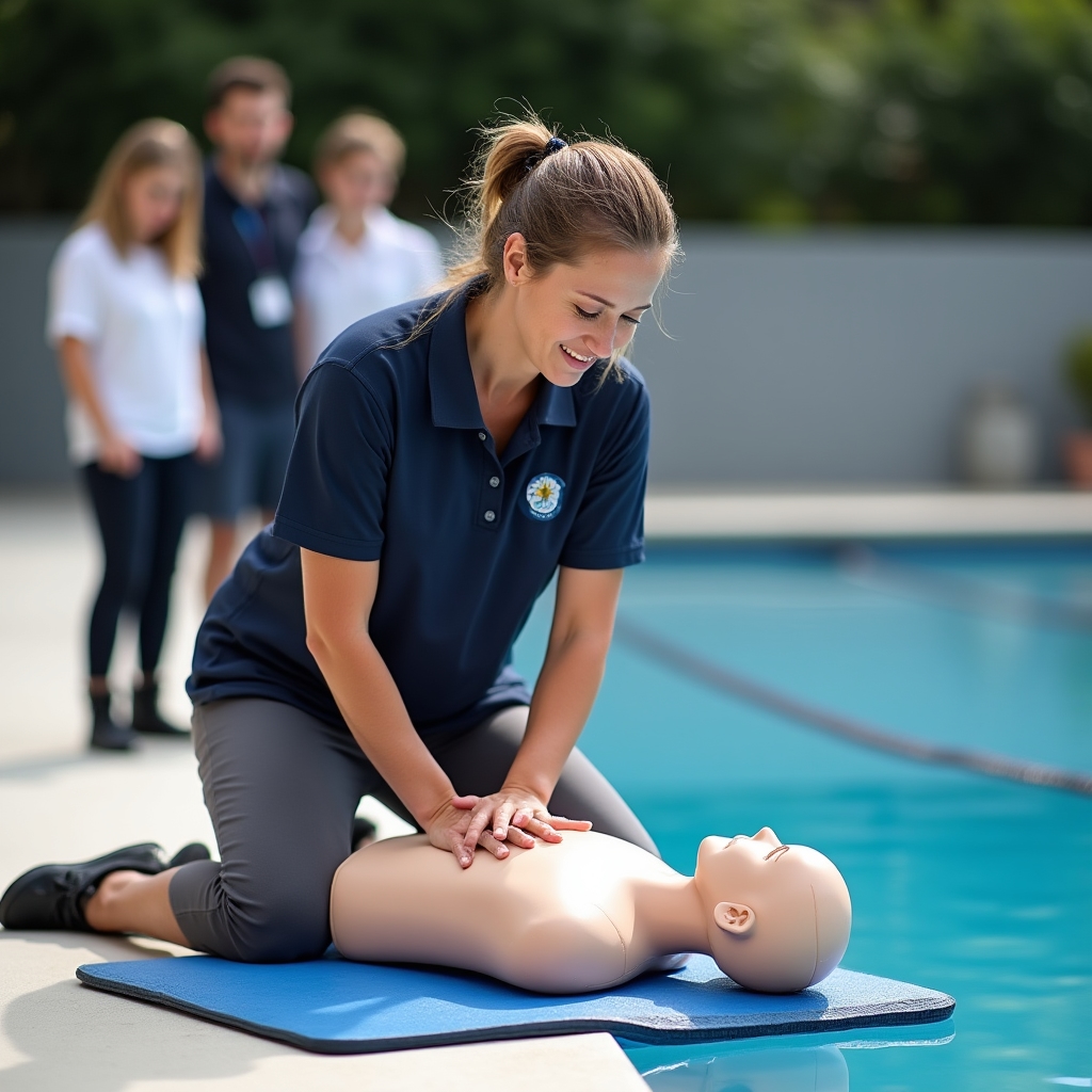 Instructor demonstrating CPR technique on a training manikin at the poolside during a lifeguard refresher workshop