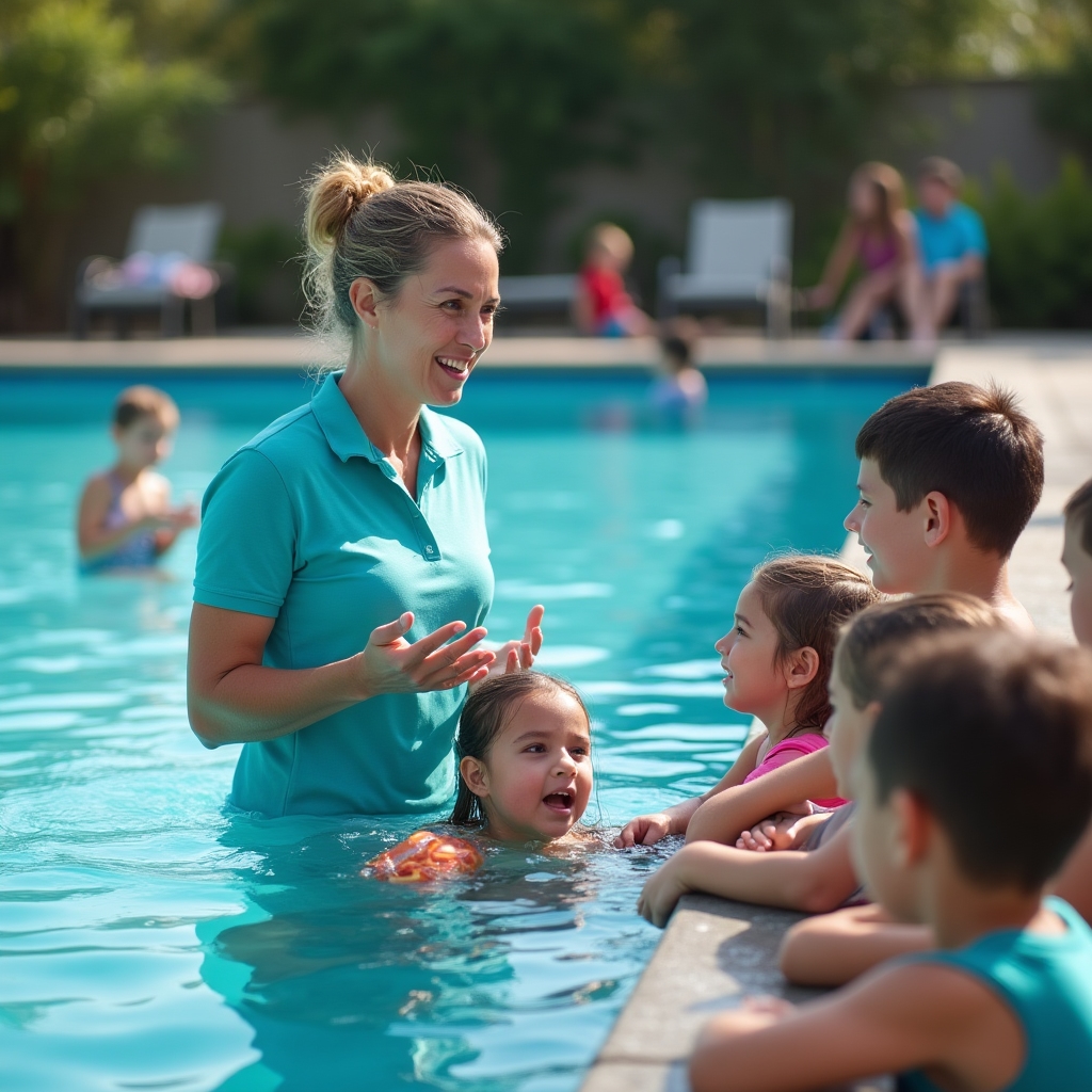 Group management specialist Tamar demonstrating a mixed-ability group session in an outdoor pool, engaged and attentive