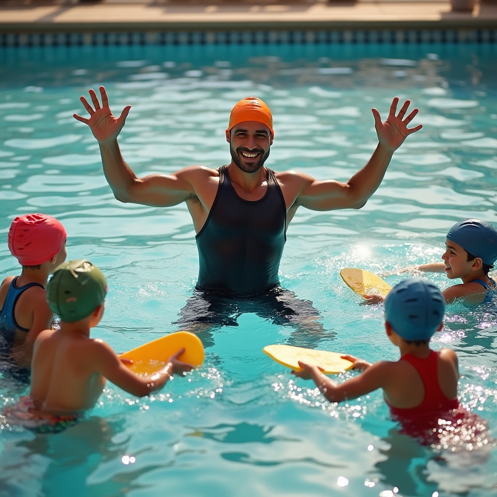 Swim instructor guiding a group of children through a pool lesson at an outdoor community pool
