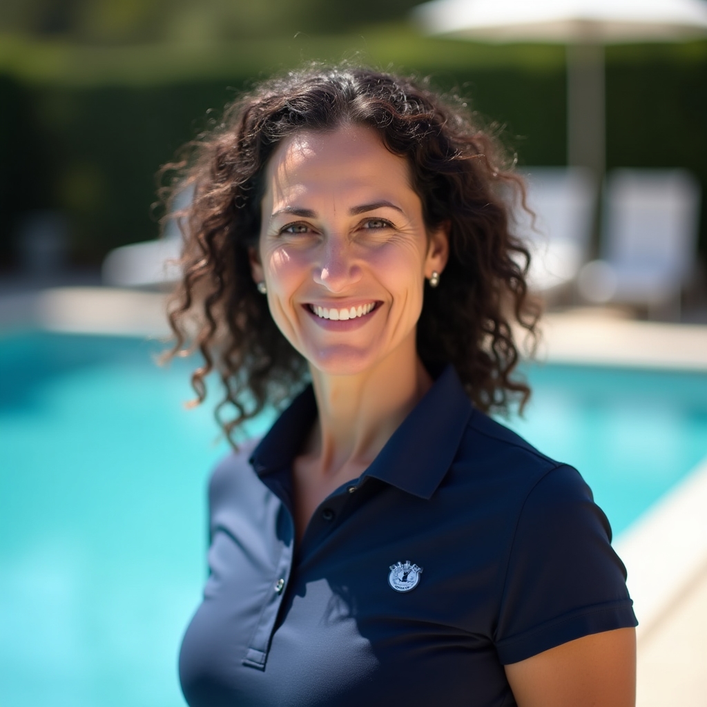 Lead instructor Miriam standing by a pool in professional aquatics attire, confident and approachable expression