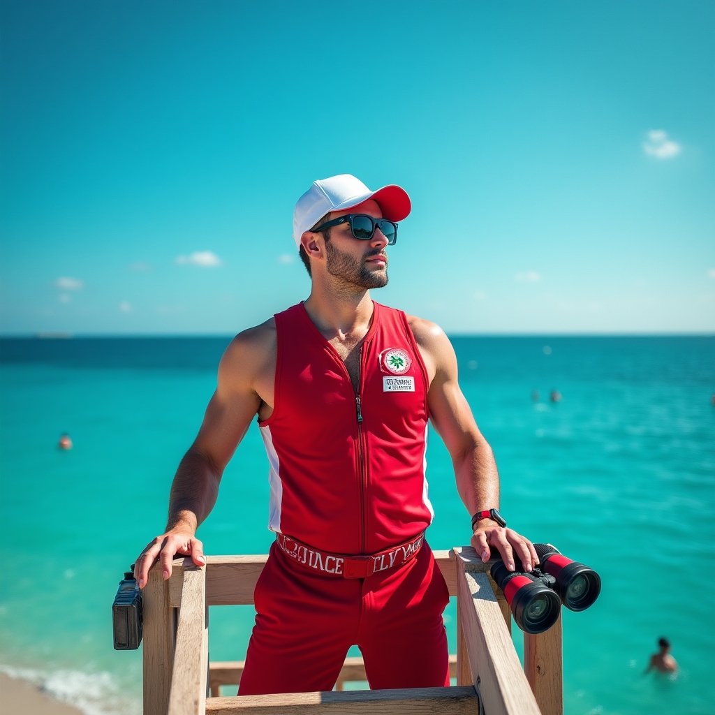 Lifeguard standing alert on a beach club watchtower scanning the Mediterranean sea